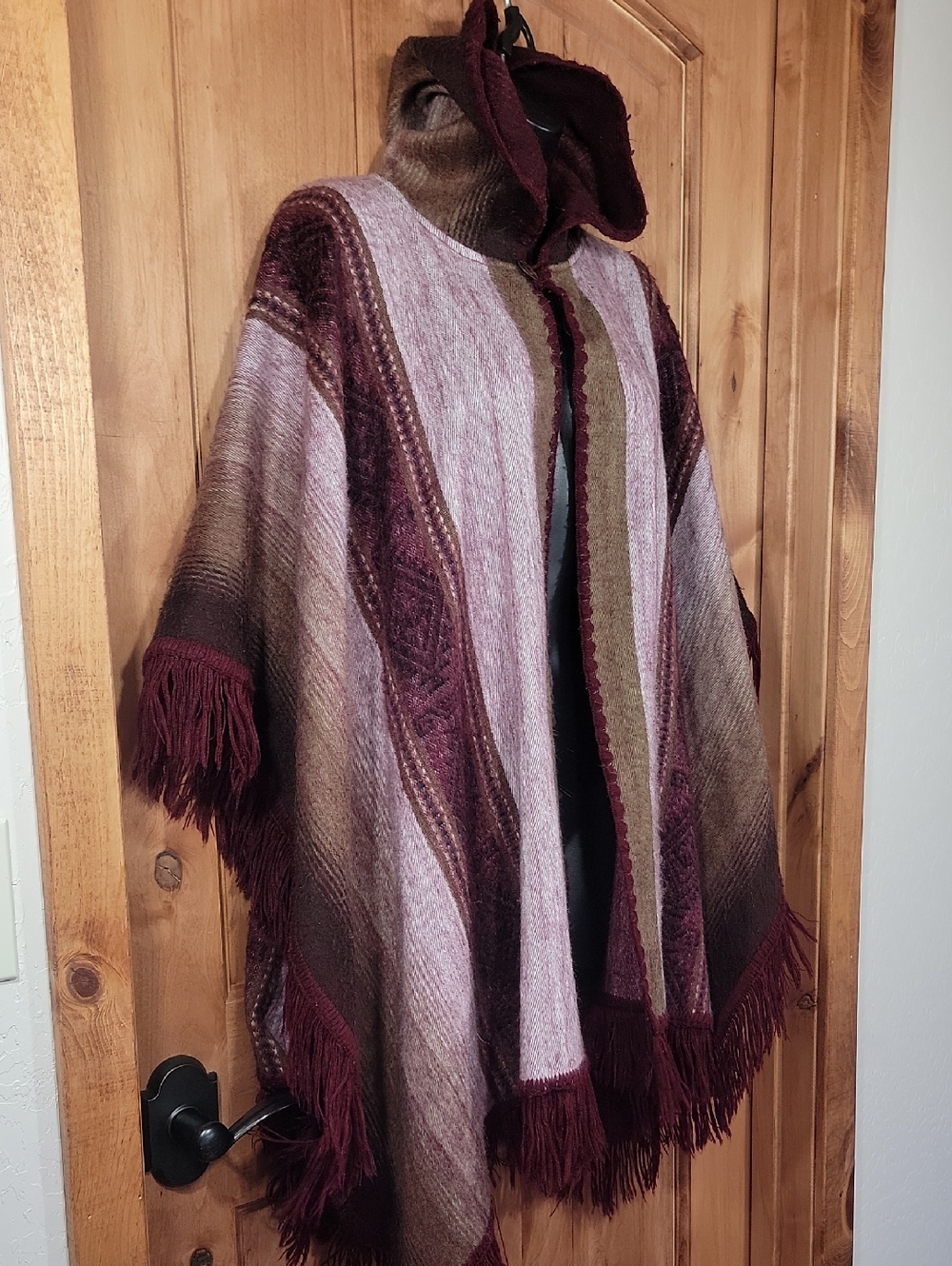 Peruvian Alpaca Hooded Fringe Knit Poncho